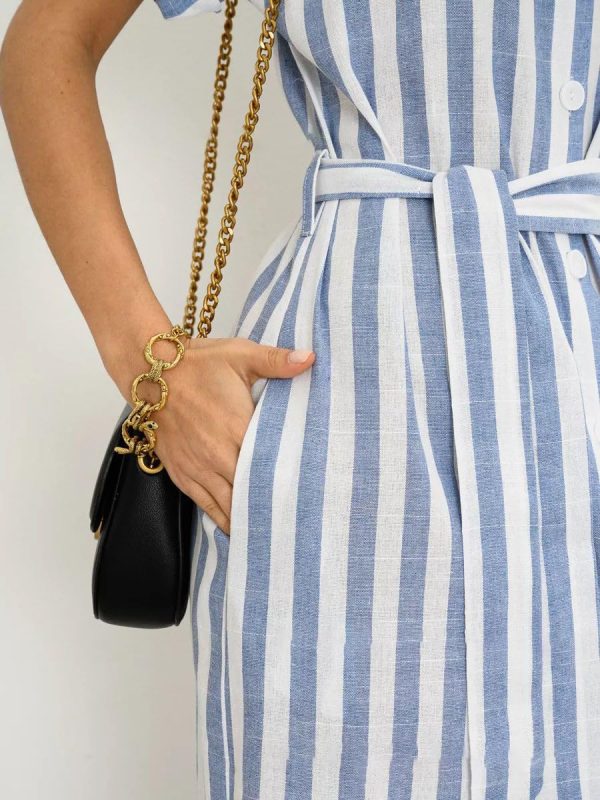 Women's Summer Short Sleeve Striped Shirt Dress Beach Maxi Long Belted Casual Button Down Dress
