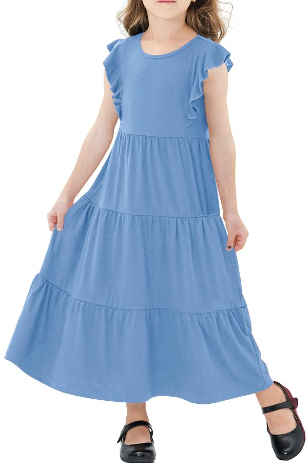 717xEWajuNL.jpg Girls Maxi Dress Kids Flutter Sleeves Boho Solid Cotton Tiered Long Dresses