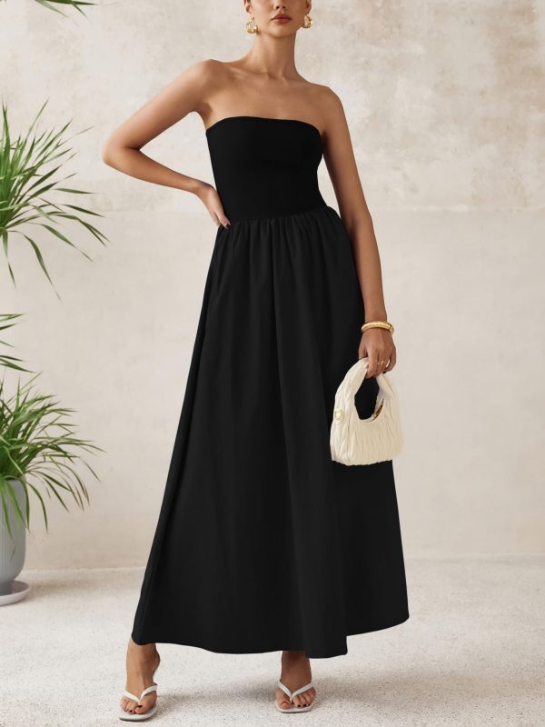 Women 2025 Summer Elegant Strapless Maxi Dress Tube Top Dress A Line Flowy Long Wedding Party Cocktail Dresses