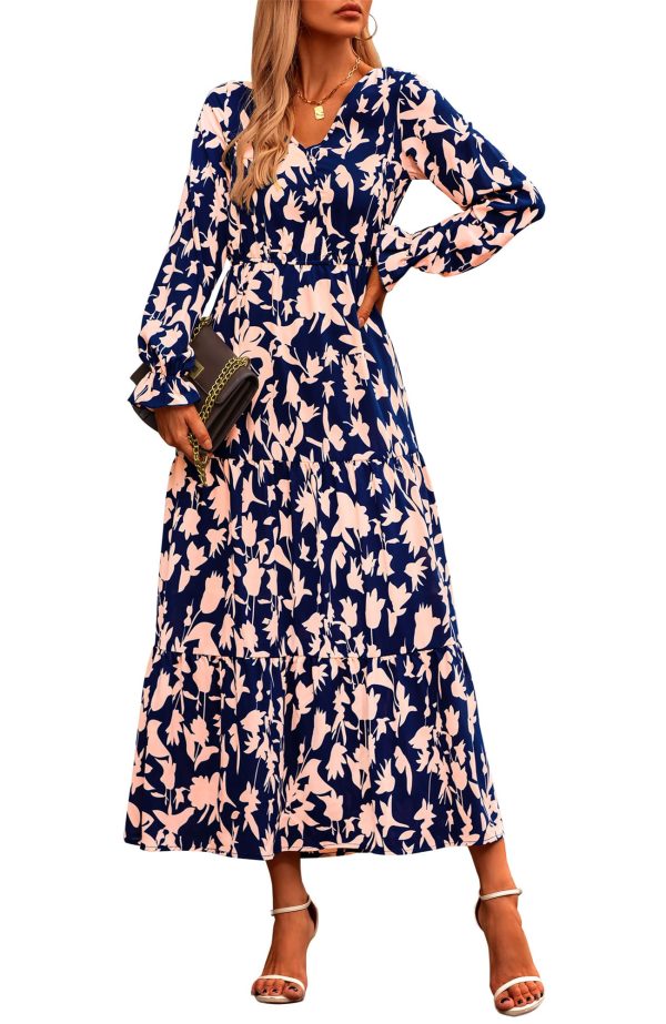 Women's 2024 Fall Dresses Boho Maxi Dress Casual Long Sleeve V Neck Floral Dresses Wedding Guest Dress