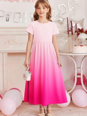 Girls Maxi Dress Long/Short Sleeve Casual Holiday Dress with Pockets for 5-13 Years