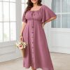 Plus Size Summer Dress Short Sleeve Square Neck Tie Front Smocked Button Down Flowy A-line Boho Maxi Long Dresses