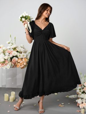Womens Formal Wedding Guest Dress Short Sleeve V Neck Flowy A Line Elegant Cocktail Bridesmaid Long Maxi Dresses
