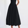 Women's 2025 Summer Strapless Tube Midi Dress Smocked A Line Bubble Long Flowy Casual Elegant Party Dresses