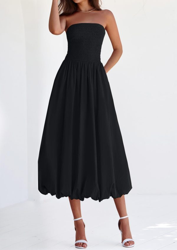 Women's 2025 Summer Strapless Tube Midi Dress Smocked A Line Bubble Long Flowy Casual Elegant Party Dresses