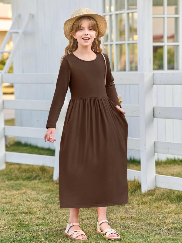 71DmkPS2RL.jpg Girls Maxi Dress Long Sleeve Casual Holiday Dress with Pockets for 5-14 Years