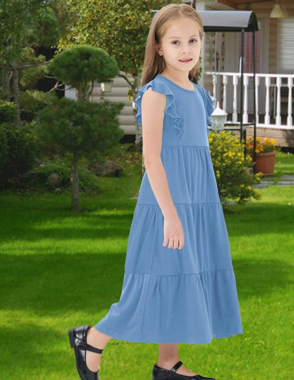 71H7OUFanL.jpg Girls Maxi Dress Kids Flutter Sleeves Boho Solid Cotton Tiered Long Dresses