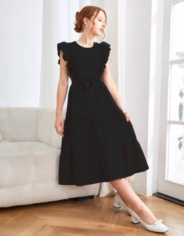 71HDGNCJ4CL.jpg Girls Summer Dresses Ruffle Sleeve Dress A Line Swing Belted Casual Solid Color Party Dress 6-14 Years