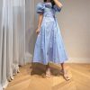 71HDgf3meJL.jpg Women's Bandage Waist Maxi Dress - Puff Sleeve Cotton Solid Color Spring Long Dress
