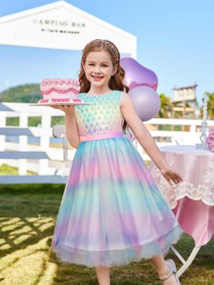 Flower Girl Dress V-Back Sequin Party Tulle Dresses Kids Birthday Formal Wedding Pageant Princess Dress 5-12