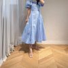 71J2WYBZz4L.jpg Women's Bandage Waist Maxi Dress - Puff Sleeve Cotton Solid Color Spring Long Dress