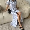 Women's Summer Short Sleeve Striped Shirt Dress Beach Maxi Long Belted Casual Button Down Dress