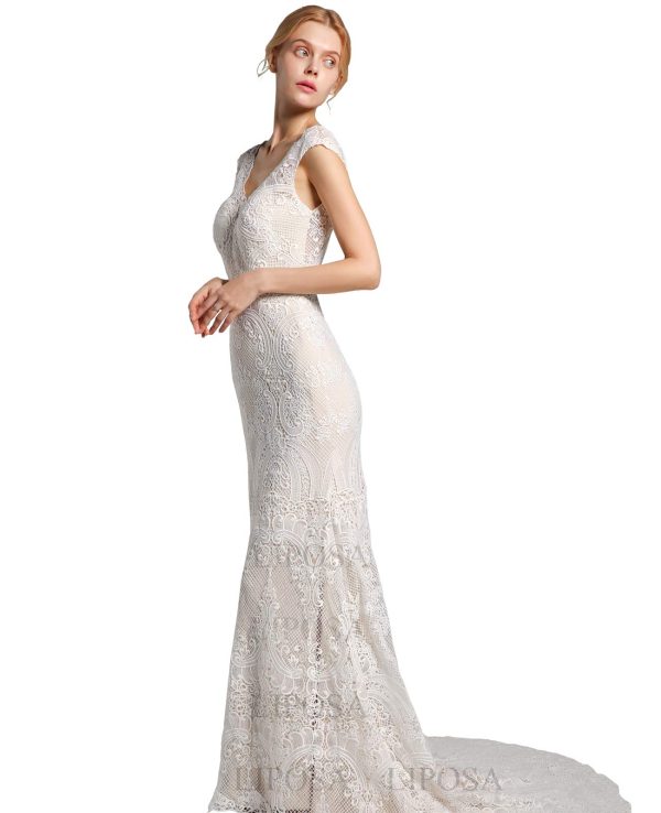 71JgkHa9QJL.jpg Romantic Ivory Lace Wedding Dresses for Brides V Neck Backless Cap Sleeves Sheath Boho Bridal Gown for Bride