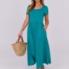 Women Summer Casual Maxi Dress Short Sleeve Square Neck High Waist Flowy A-Line Beach Long Dress with Pockets