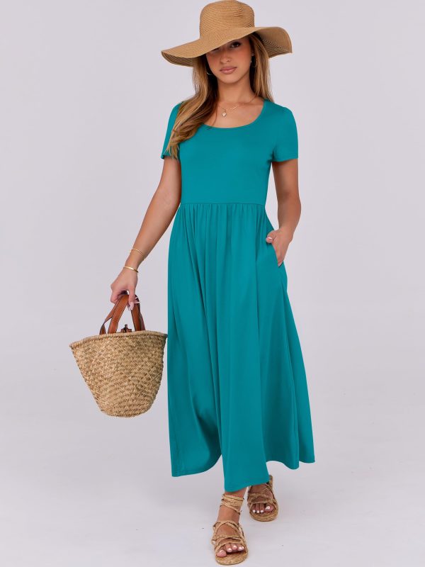 Women Summer Casual Maxi Dress Short Sleeve Square Neck High Waist Flowy A-Line Beach Long Dress with Pockets