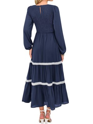 Womens Smocked Long Sleeve Maxi Dress Wedding Guest Spring Fall Boho Tiered Lace Trim Flowy Long Dresses Pockets