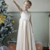 Satin Flower Girl Dresses for Wedding Floor Length Backless Princess Pageant Dress with Bow Pearls Proms Ball Gowns