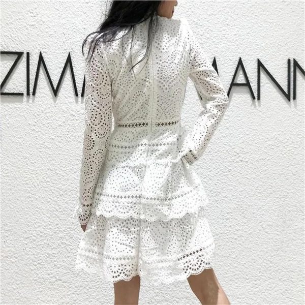 Women's Wedding Guest Dress Spring Lace V-Neck Bohemian Gown Hollow Long Sleeve Sexy White Party Dress(Short_Medium)
