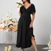 Womens Formal Wedding Guest Dress Short Sleeve V Neck Flowy A Line Elegant Cocktail Bridesmaid Long Maxi Dresses