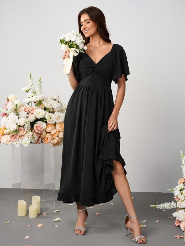 Womens Formal Wedding Guest Dress Short Sleeve V Neck Flowy A Line Elegant Cocktail Bridesmaid Long Maxi Dresses