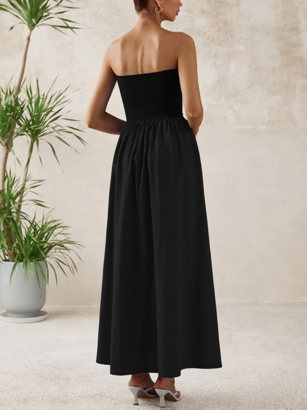 Women 2025 Summer Elegant Strapless Maxi Dress Tube Top Dress A Line Flowy Long Wedding Party Cocktail Dresses