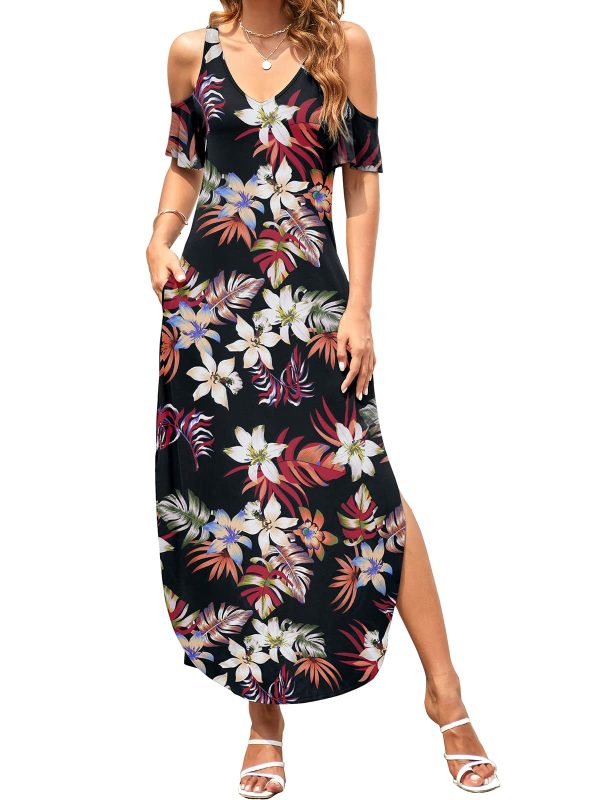 Women's Summer Maxi Dresses V Neck Cold Shoulder Short Sleeve Casual Loose Long Split Dress with Pocket