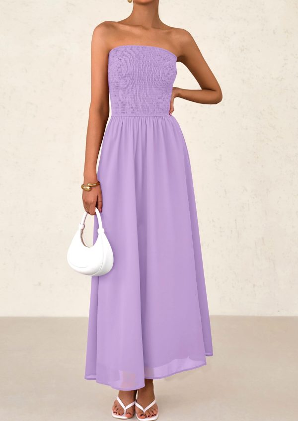 71MzT7UOPGL.jpg Women's Strapless Wedding Guest Maxi Dresses 2025 Summer Trendy Elegant Classy Smocked Tube Long Flowy Sundress