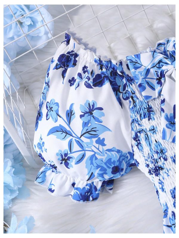Girl's Summer Floral Bow Front Puff Sleeve Dress Shirred Tiered Ruffle Hem A Line Long Dress