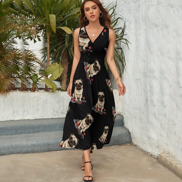 Poker Pug Lover Cute Dog Playing Cards Womens Casual Sleeveless Dress Maxi Long Beach Dress Sundress