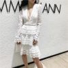 Women's Wedding Guest Dress Spring Lace V-Neck Bohemian Gown Hollow Long Sleeve Sexy White Party Dress(Short_Medium)