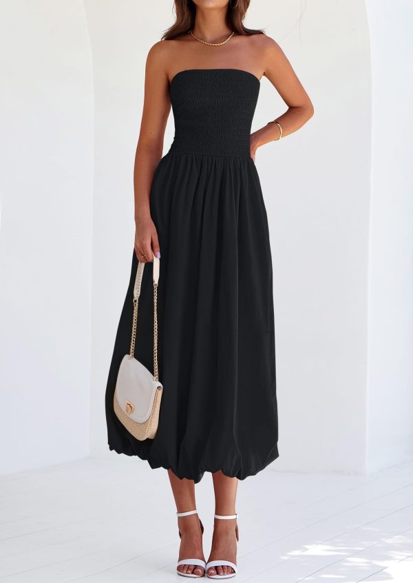 Women's 2025 Summer Strapless Tube Midi Dress Smocked A Line Bubble Long Flowy Casual Elegant Party Dresses