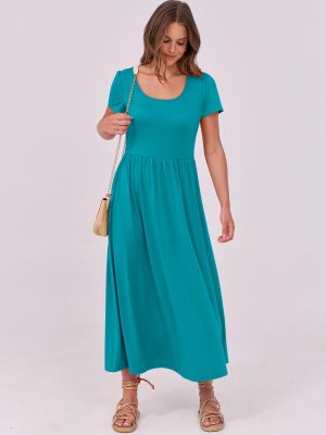 Women Summer Casual Maxi Dress Short Sleeve Square Neck High Waist Flowy A-Line Beach Long Dress with Pockets
