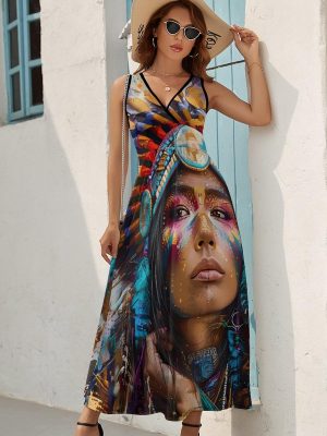 Indian Woman Oil Painting Womens Casual Sleeveless Dress Maxi Long Beach Dress Sundress