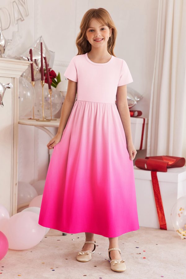 Girls Maxi Dress Long/Short Sleeve Casual Holiday Dress with Pockets for 5-13 Years