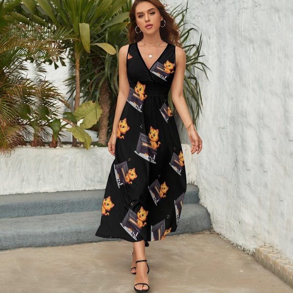 Orange Cat Playing Piano Music Womens Casual Sleeveless Dress Maxi Long Beach Dress Sundress