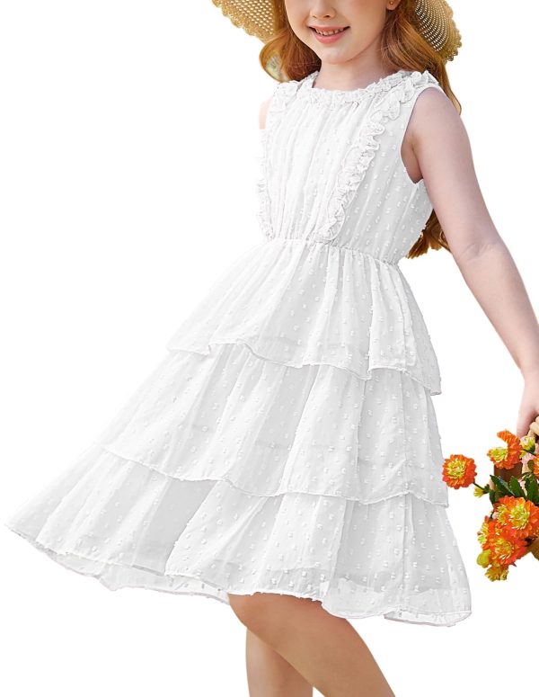 Girls Summer Sleeveless Ruffle Dress Swiss Dot Spring Sundress Flowing Tiered Layers Midi Casual Dress 5-12Y