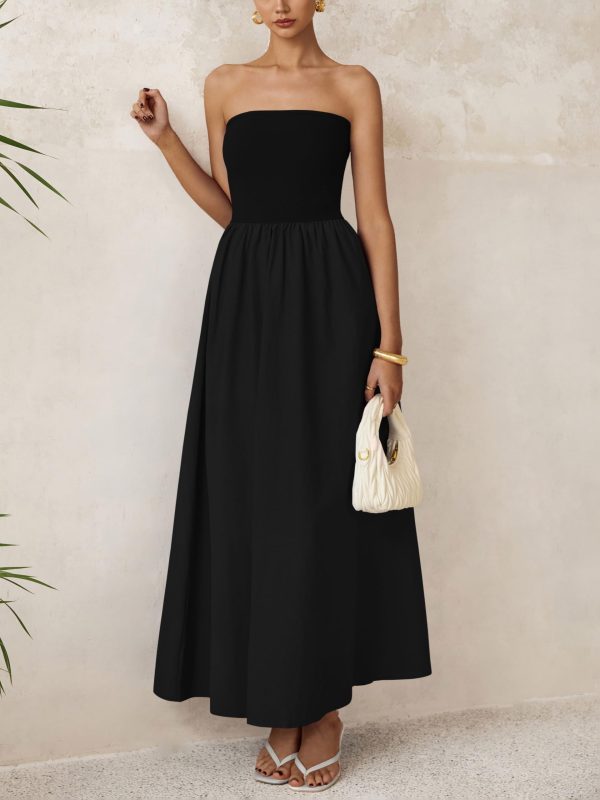 Women 2025 Summer Elegant Strapless Maxi Dress Tube Top Dress A Line Flowy Long Wedding Party Cocktail Dresses