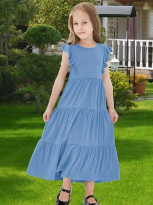 Girls Maxi Dress Kids Flutter Sleeves Boho Solid Cotton Tiered Long Dresses