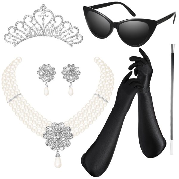 6 Pieces 1920s Accessories for Women Halloween Costume Set Pearl Dangle Pendant Necklace Earrings