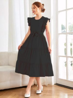 Girls Summer Dresses Ruffle Sleeve Dress A Line Swing Belted Casual Solid Color Party Dress 6-14 Years