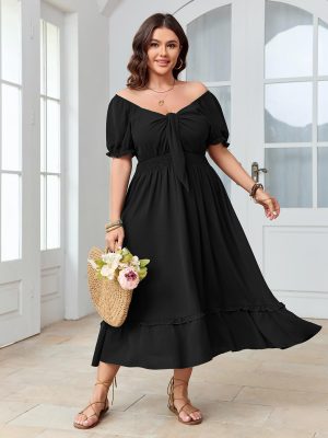 Women's Plus Size Summer Dress Casual V Neck Short Sleeve Maxi Dress Bow Tie Boho Swing Flowy Long Dresses