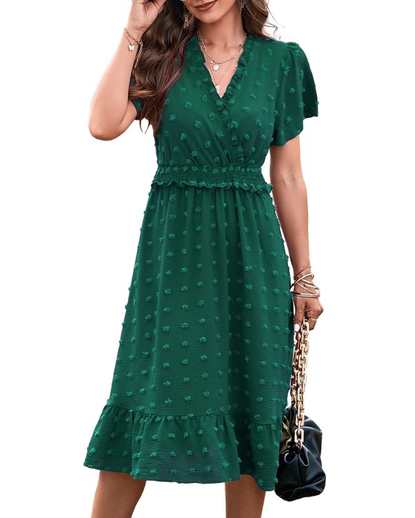 71aKMTdQ-EL.jpg Women Short Sleeve V Neck Swiss Dot Midi Summer Dresses 2024 Boho Ruffle Long Dresses Ruffle Wedding Guest Dress