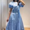 71dsev0ScL.jpg Women's Bandage Waist Maxi Dress - Puff Sleeve Cotton Solid Color Spring Long Dress