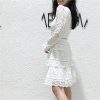 Women's Wedding Guest Dress Spring Lace V-Neck Bohemian Gown Hollow Long Sleeve Sexy White Party Dress(Short_Medium)