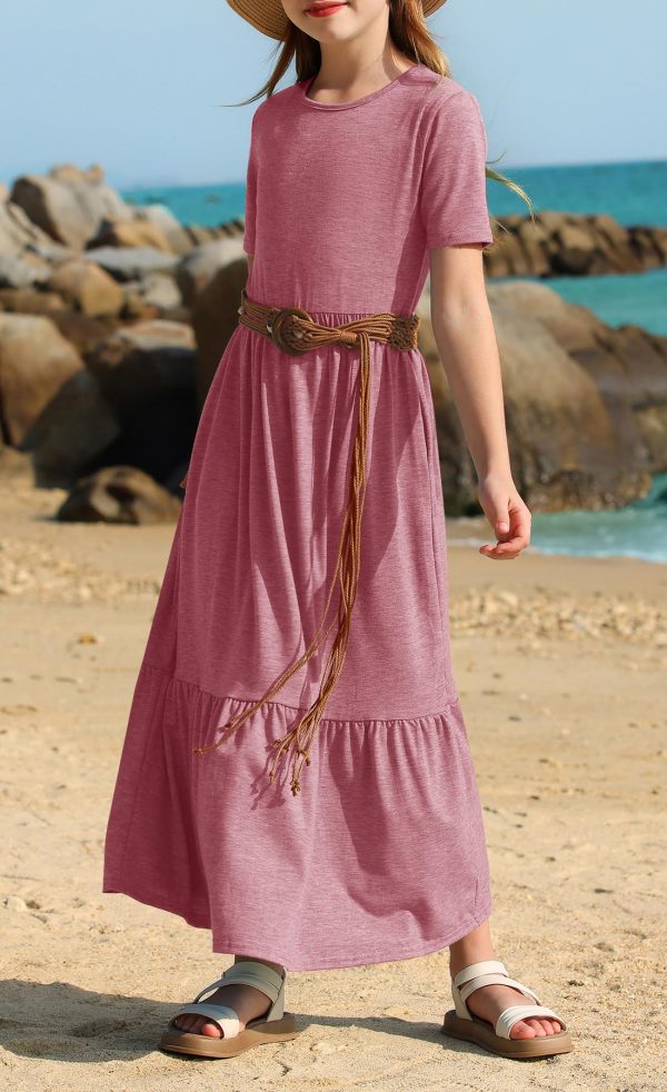 Girls Summer Maxi Dress Short Sleeve Crew Neck Casual Loose Flowy Tiered Dresses with Pockets for 6-12 Y