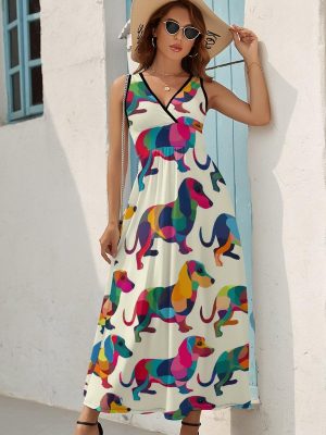 Colorful Dogs Dachshund Womens Casual Sleeveless Dress Maxi Long Beach Dress Sundress