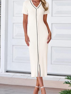 Casual Women Spring Dresses 2025 Knit Bodycon Sweater Summer Dress Decorative Button V Neck Long Dress