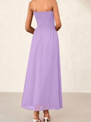 Women's Strapless Wedding Guest Maxi Dresses 2025 Summer Trendy Elegant Classy Smocked Tube Long Flowy Sundress