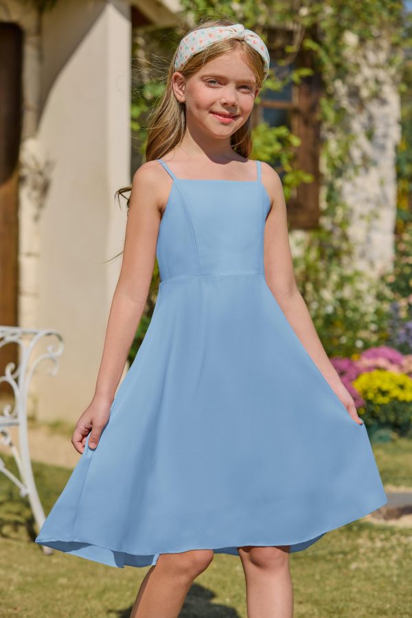 71jTClv1iyL.jpg Girls' Dress Square Neck Summer Tie Back Spaghetti Straps Elegant Chiffon A-line Party Dress 7-14 Years