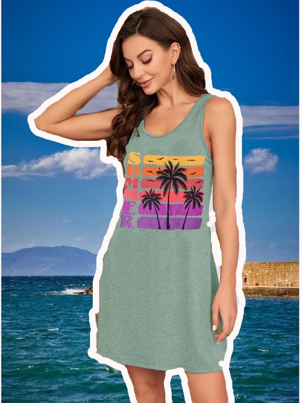 Summer Tank Dress for Women Casual Vacation Sundress Coconut Tree Graphic Beach Cover Up